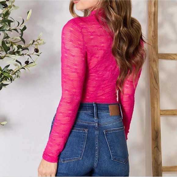 Hot Pink Lace Sheer High Neck Bodysuit - Picture 4 of 5